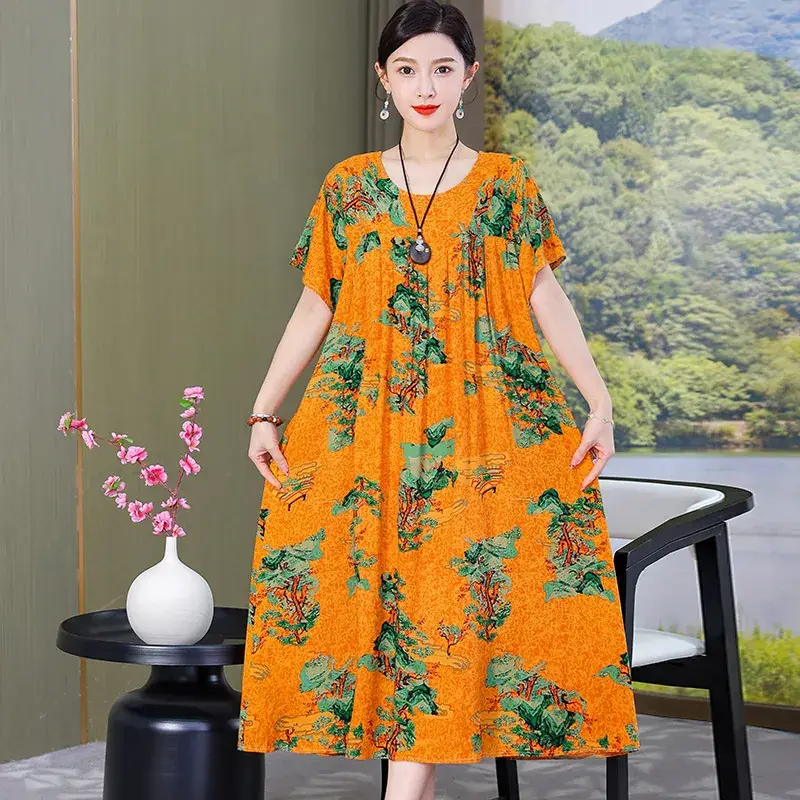 2023 Cotton Silk Floral Long Dress Large Size - Image 4