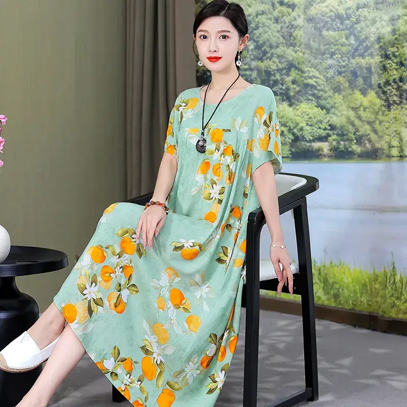 2023 Cotton Silk Floral Long Dress Large Size - Image 6