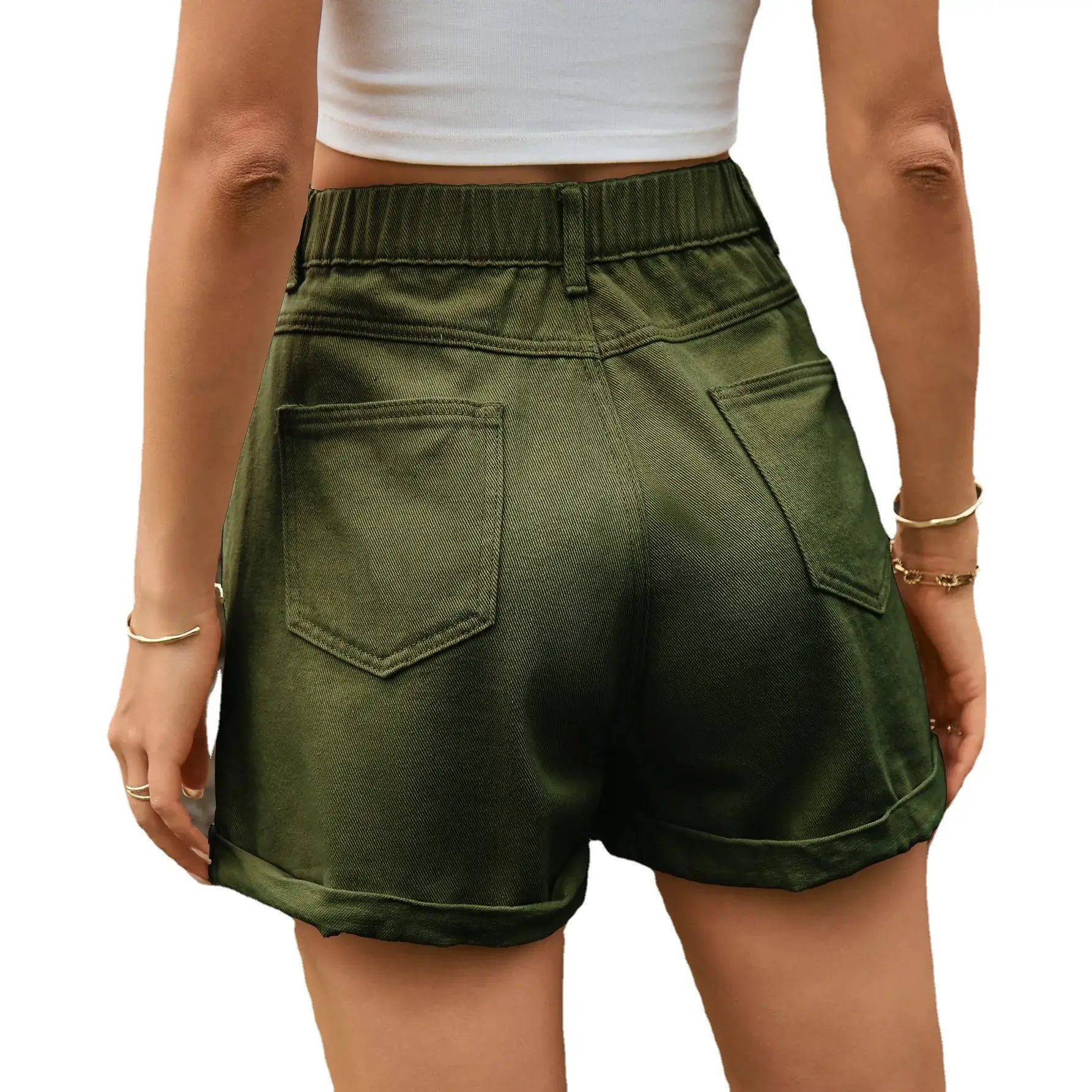 Green Denim Shorts with Elastic Waist for Women