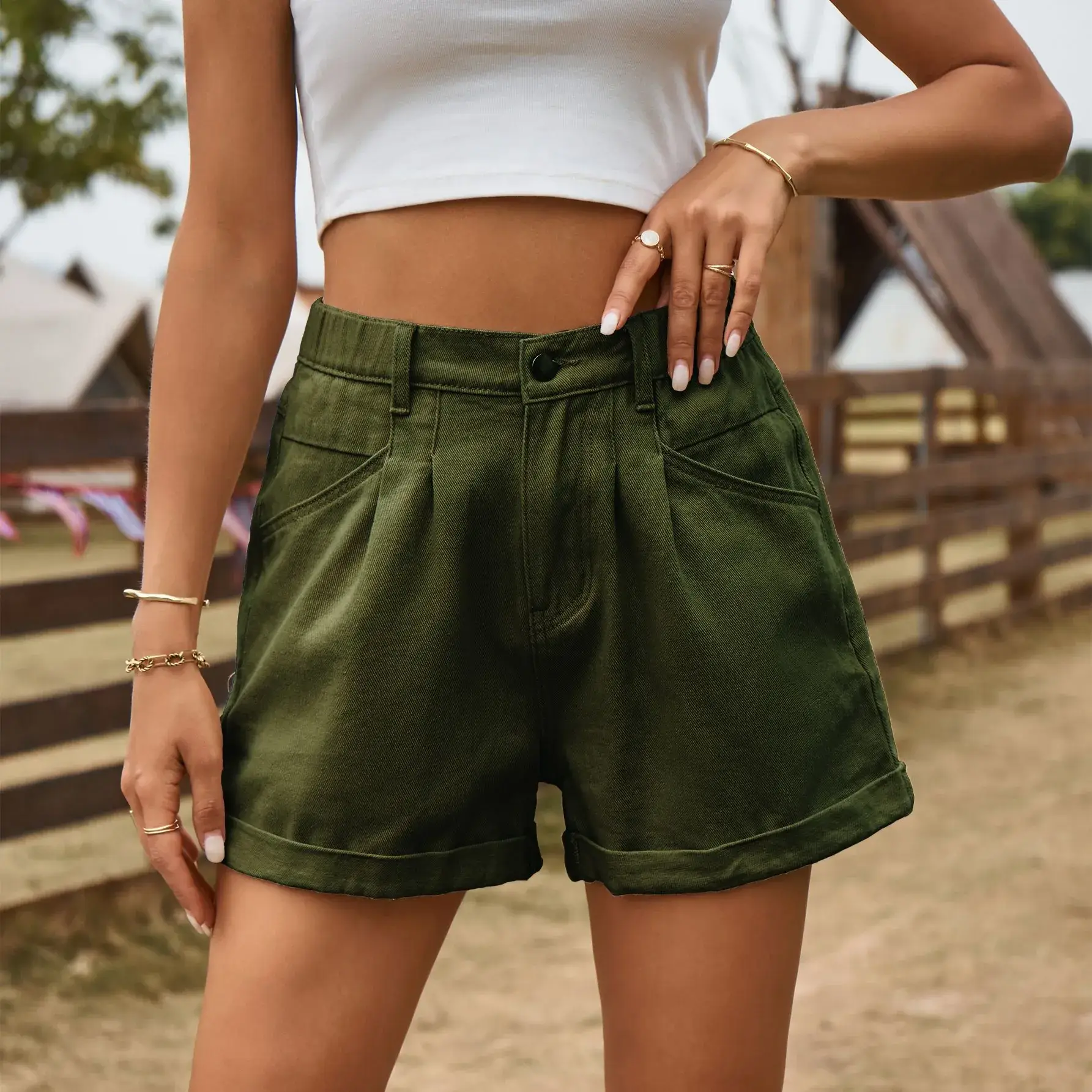 Green Denim Shorts with Elastic Waist for Women