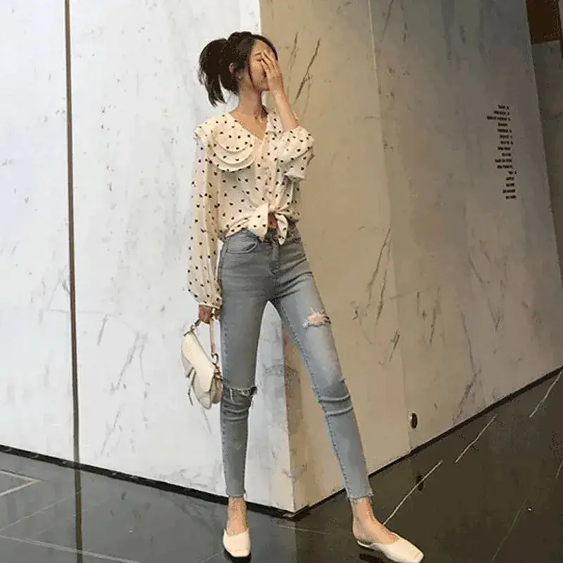 Women Ripped Skinny Jeans Short Cropped Summer High Waist Slim Fit - Image 3