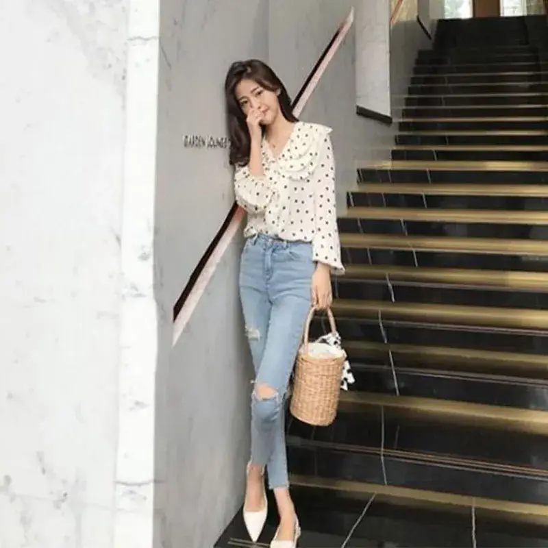 Women Ripped Skinny Jeans Short Cropped Summer High Waist Slim Fit - Image 4