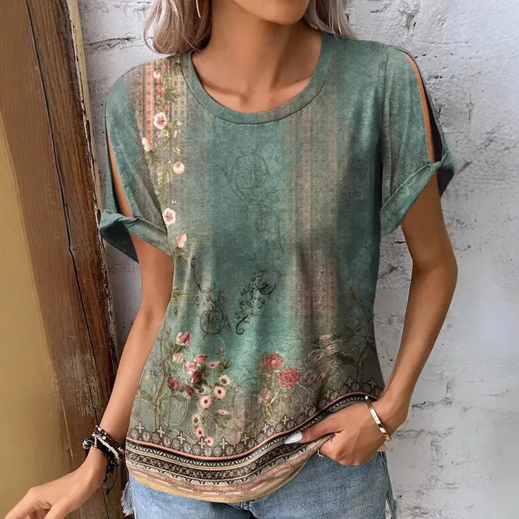 2025 Women's Printed Cotton T-Shirt Blue Short Sleeve - Image 6