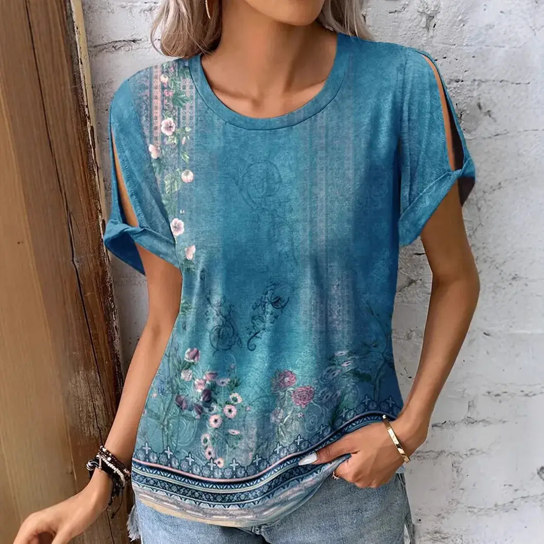 2025 Women's Printed Cotton T-Shirt Blue Short Sleeve - Image 7