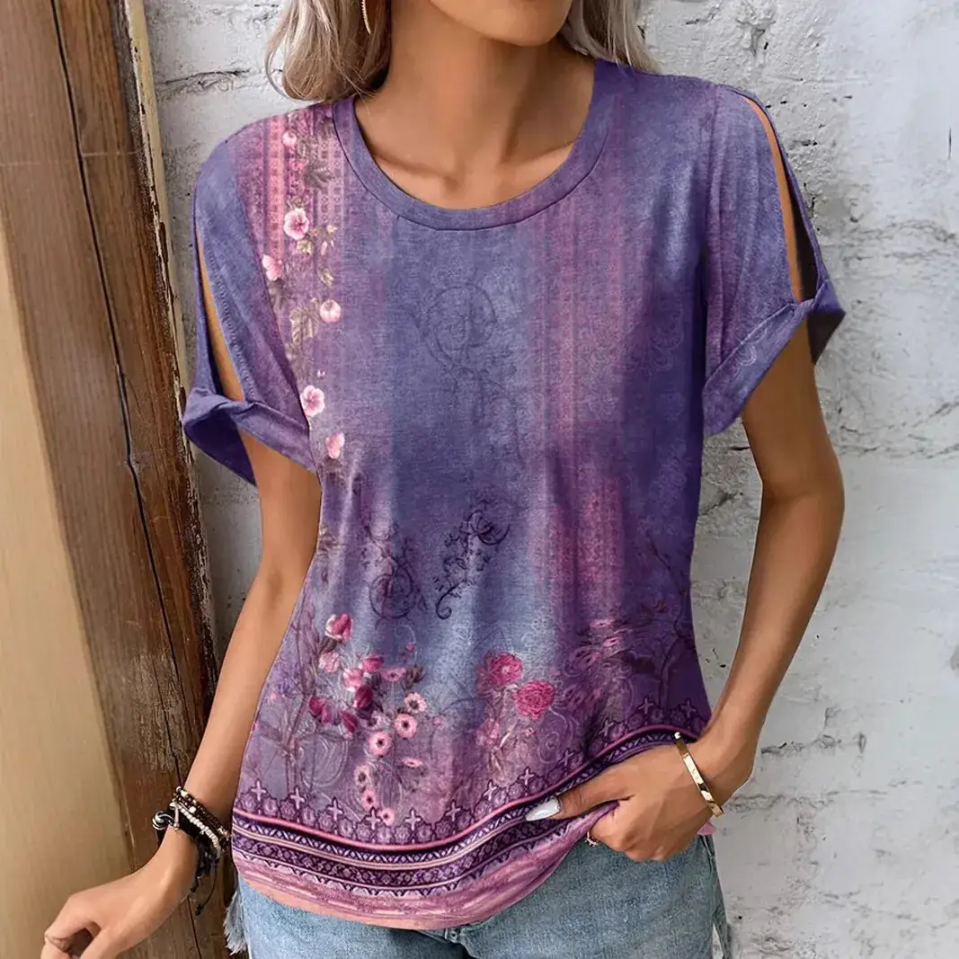 2025 Women's Printed Cotton T-Shirt Blue Short Sleeve - Image 8