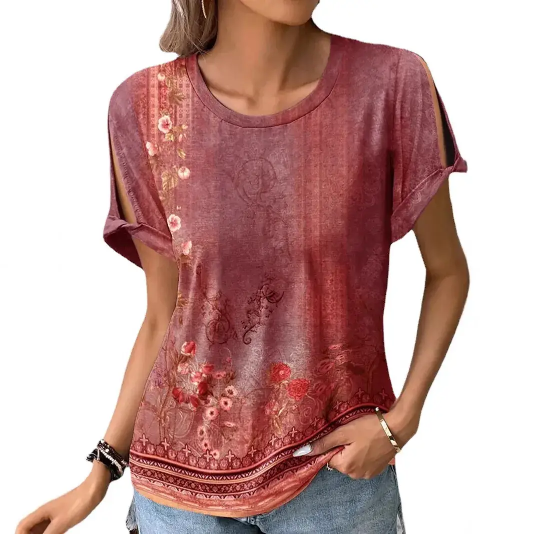 2025 Women's Printed Cotton T-Shirt Blue Short Sleeve - Image 9