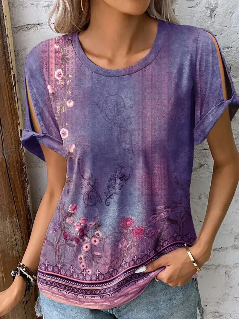 2025 Women's Printed Cotton T-Shirt Blue Short Sleeve - Image 3