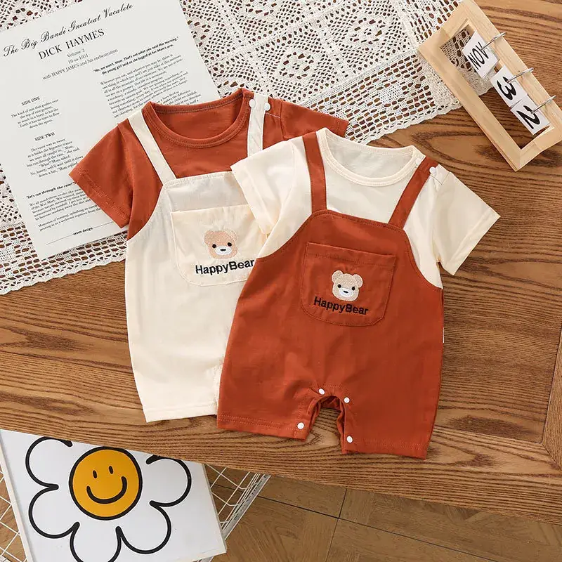 Baby Strap Jumpsuit Brown Cartoon Bear Short Sleeve - Image 4