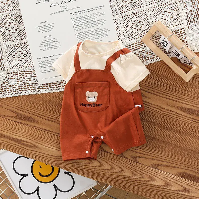 Baby Strap Jumpsuit Brown Cartoon Bear Short Sleeve - Image 6