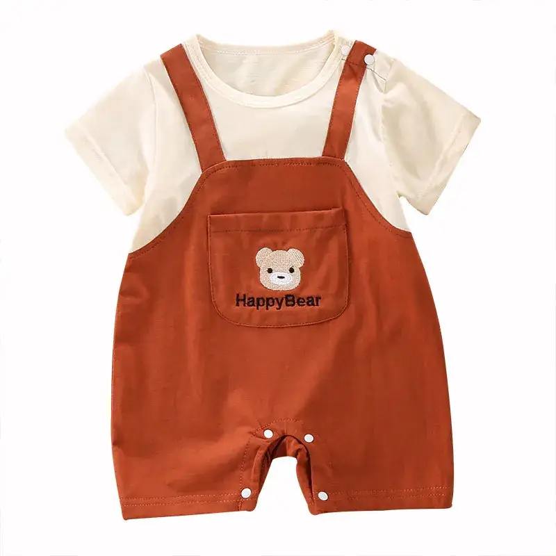 Baby Strap Jumpsuit Brown Cartoon Bear Short Sleeve - Image 7