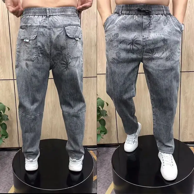 Men Blue Slimming Elastic Jacquard Jeans Casual Pants - Image 2