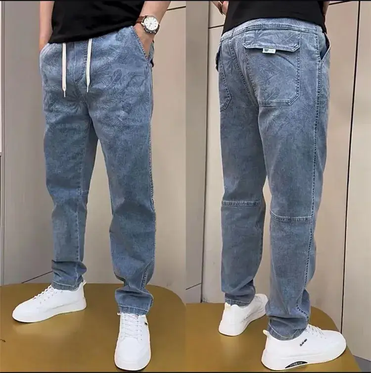 Men Blue Slimming Elastic Jacquard Jeans Casual Pants — feature 4