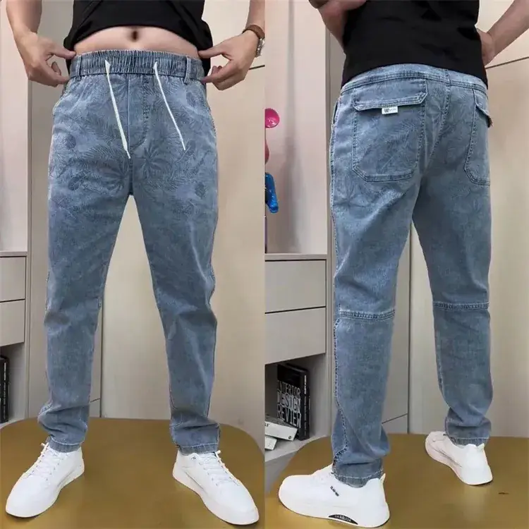 Men Blue Slimming Elastic Jacquard Jeans Casual Pants — feature 5