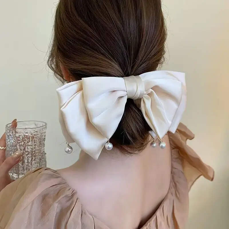Elegant Satin Bow Hairpin with Pearl Accents - Image 4
