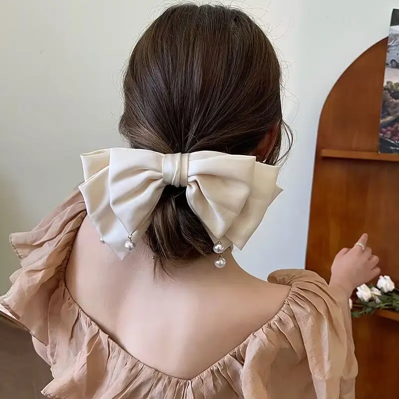Elegant Satin Bow Hairpin with Pearl Accents - Image 2