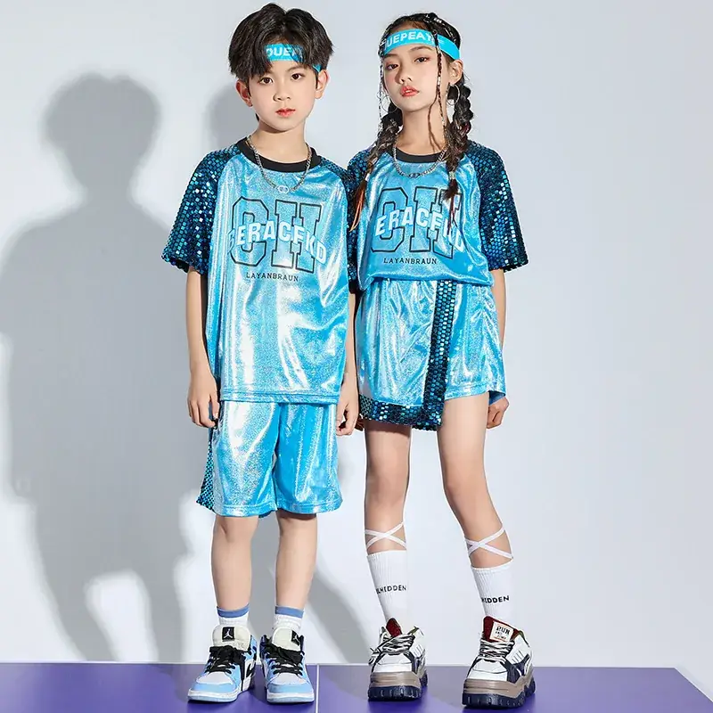 Children Hip Hop Sequins Shorts Outfit Blue Party Wear
