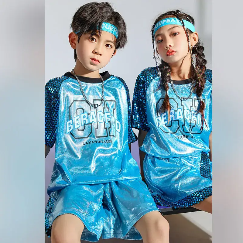 Children Hip Hop Sequins Shorts Outfit Blue Party Wear