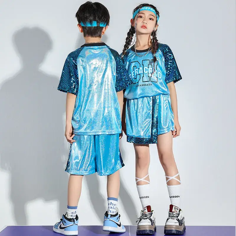 Children Hip Hop Sequins Shorts Outfit Blue Party Wear