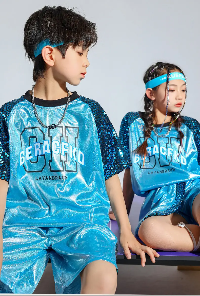 Children Hip Hop Sequins Shorts Outfit Blue Party Wear — feature 1