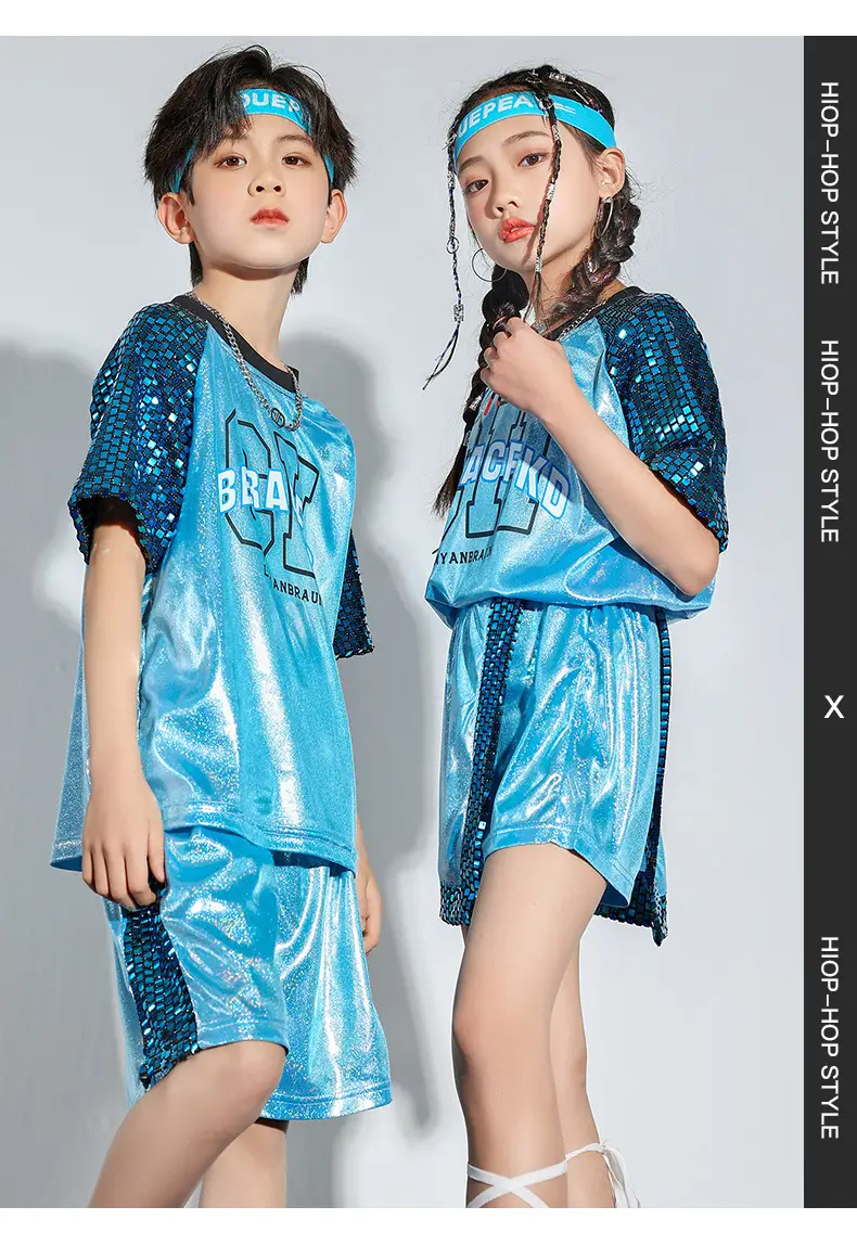 Children Hip Hop Sequins Shorts Outfit Blue Party Wear — feature 10
