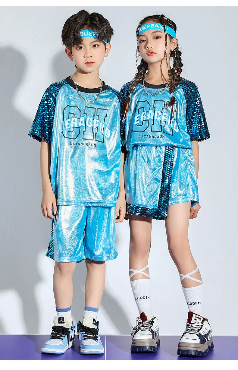 Children Hip Hop Sequins Shorts Outfit Blue Party Wear — feature 11