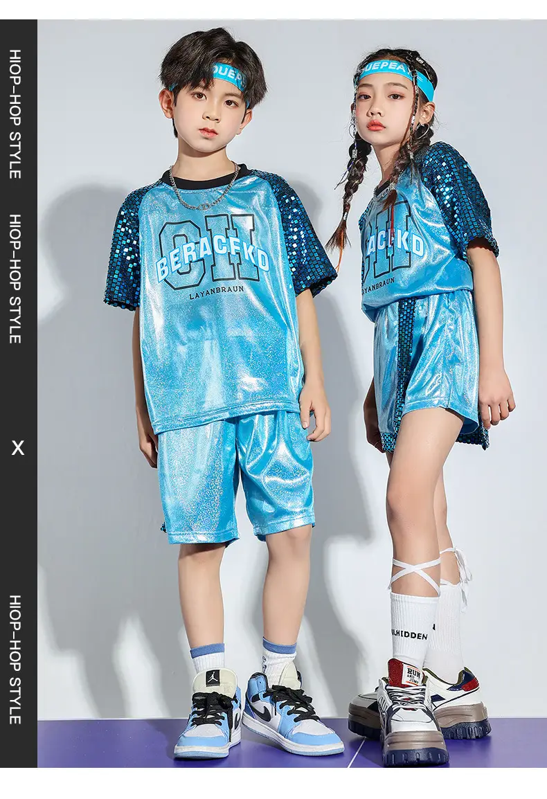 Children Hip Hop Sequins Shorts Outfit Blue Party Wear — feature 12