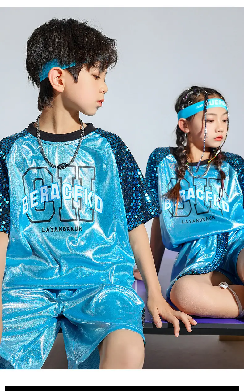 Children Hip Hop Sequins Shorts Outfit Blue Party Wear — feature 15