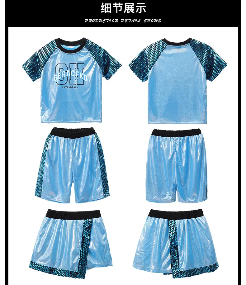 Children Hip Hop Sequins Shorts Outfit Blue Party Wear — feature 16