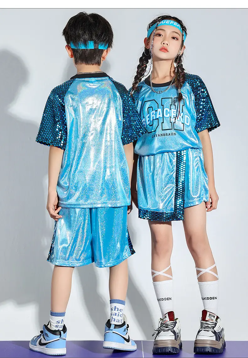 Children Hip Hop Sequins Shorts Outfit Blue Party Wear — feature 2