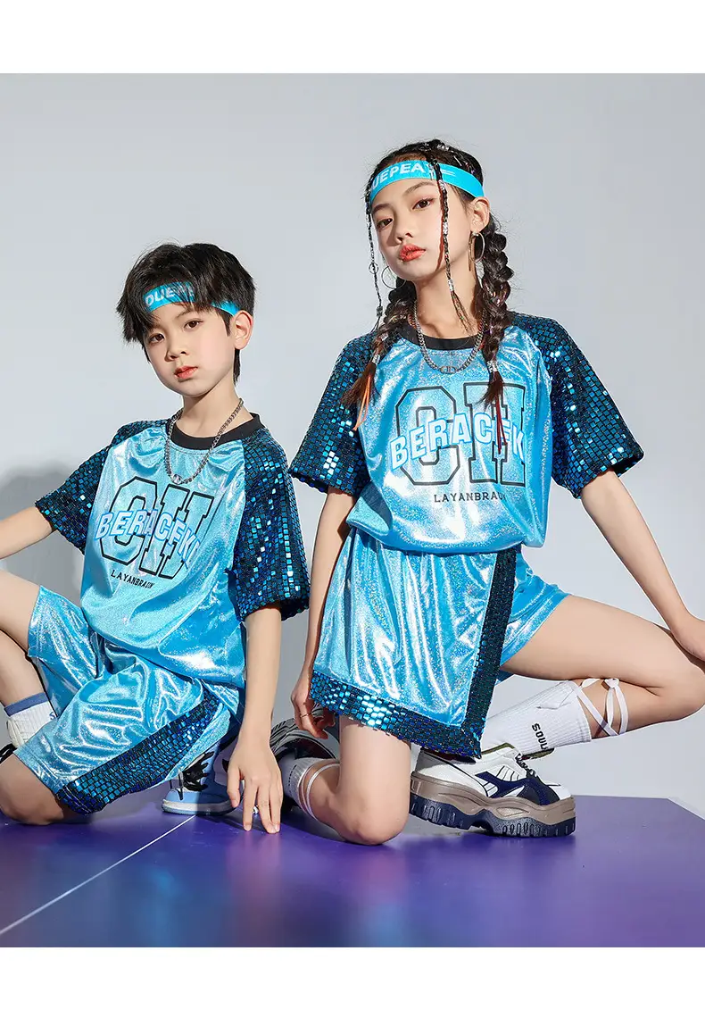 Children Hip Hop Sequins Shorts Outfit Blue Party Wear — feature 7