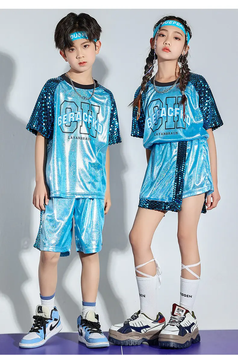 Children Hip Hop Sequins Shorts Outfit Blue Party Wear — feature 8