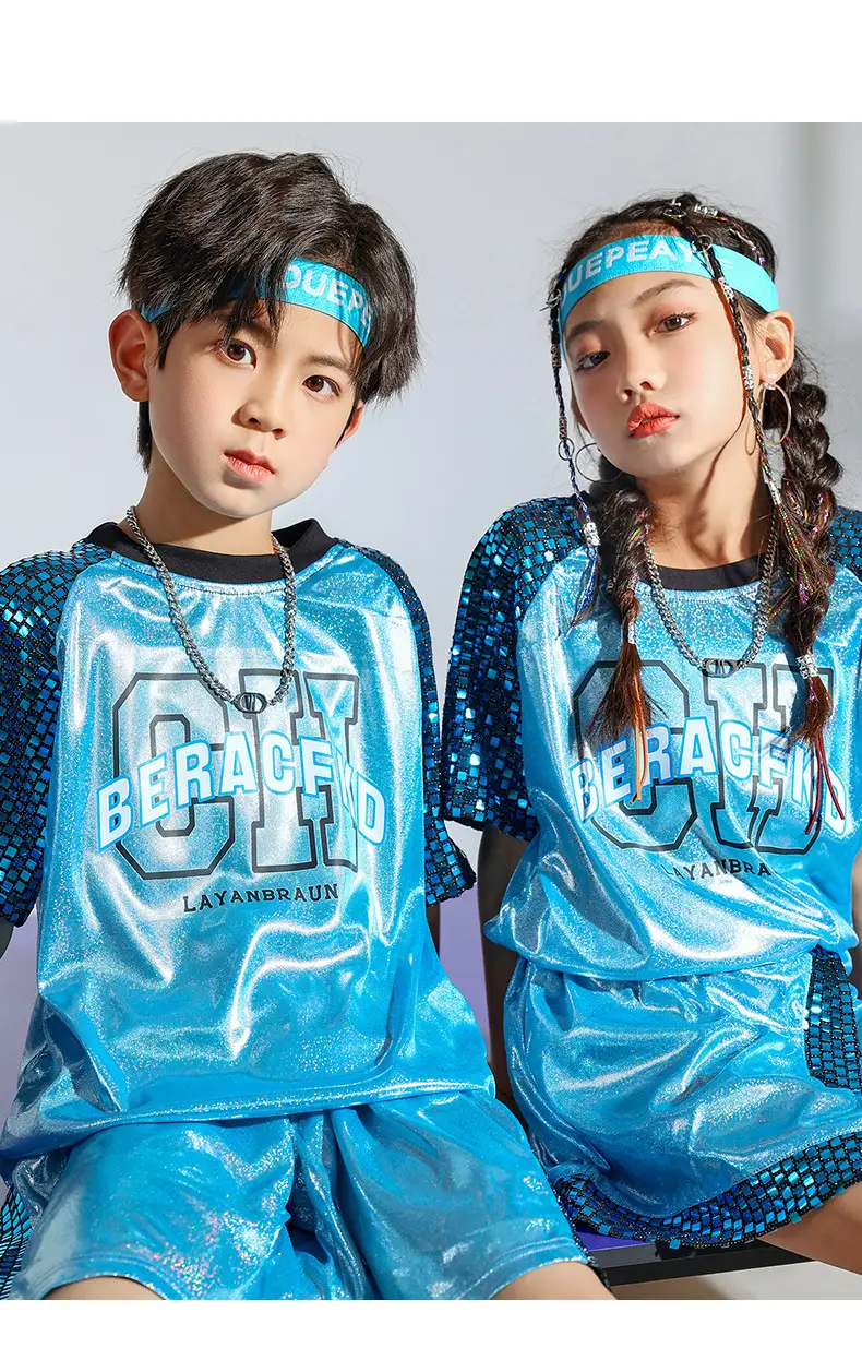 Children Hip Hop Sequins Shorts Outfit Blue Party Wear — feature 9