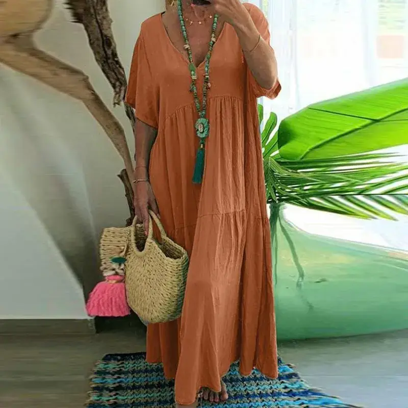 2025 Spring Summer V Neck Long Swing Dress Multi Color Multi Size - Image 3