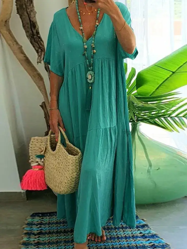 2025 Spring Summer V Neck Long Swing Dress Multi Color Multi Size - Image 4