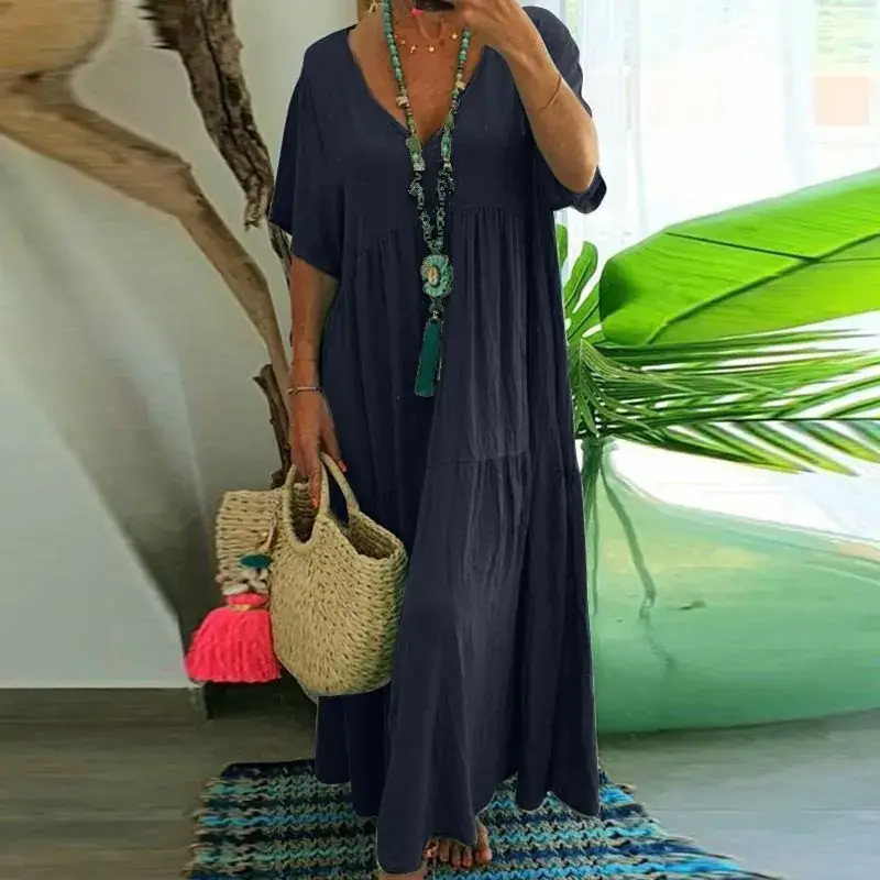 2025 Spring Summer V Neck Long Swing Dress Multi Color Multi Size - Image 5