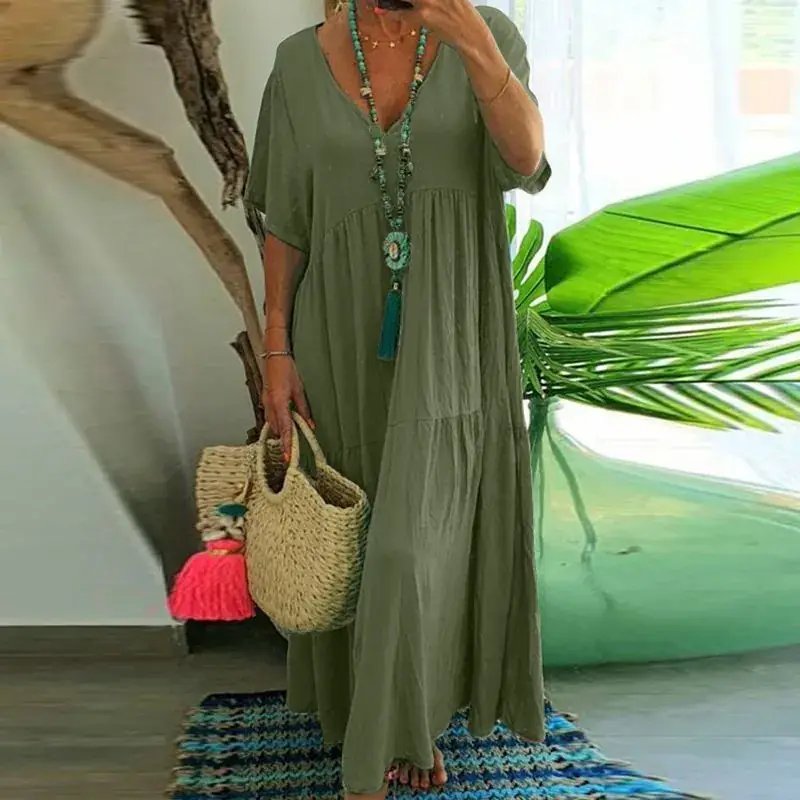 2025 Spring Summer V Neck Long Swing Dress Multi Color Multi Size - Image 6
