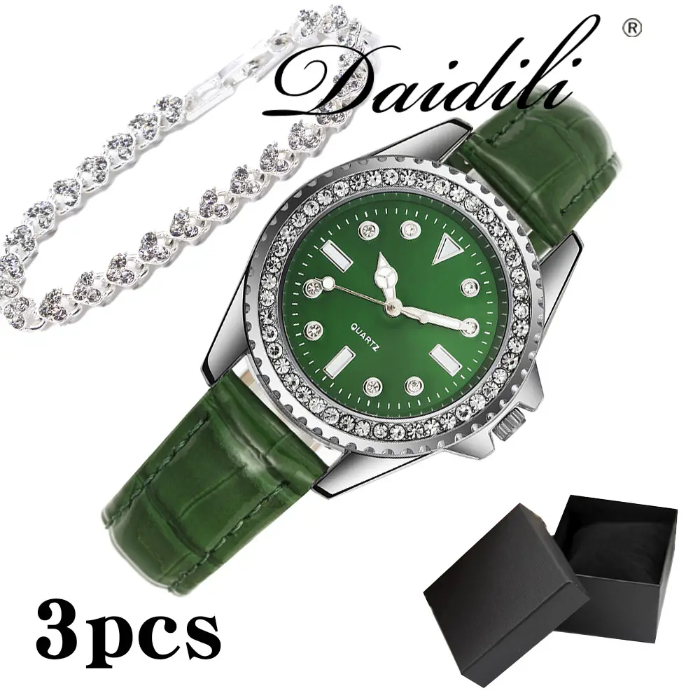 Green Quartz Watch with Diamond-Encrusted Plate for Women