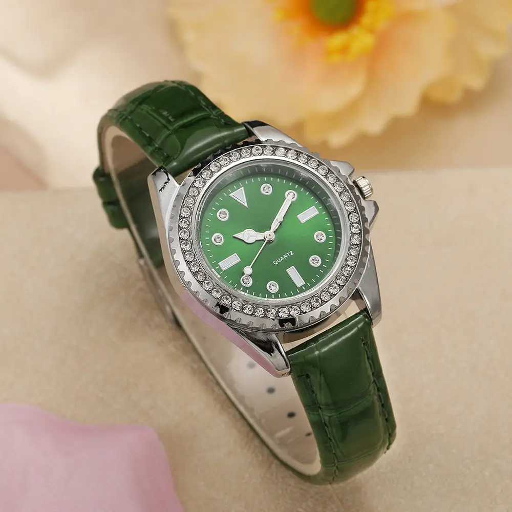 Green Quartz Watch with Diamond-Encrusted Plate for Women — feature 10