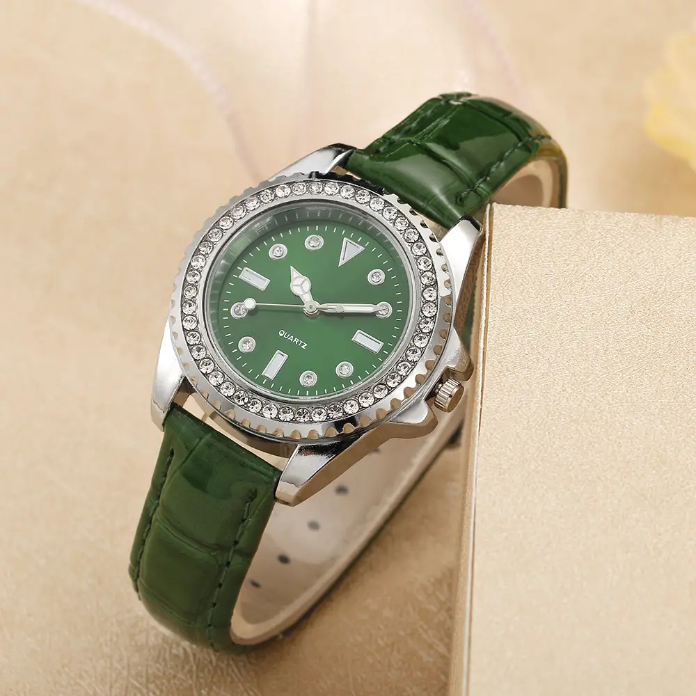 Green Quartz Watch with Diamond-Encrusted Plate for Women — feature 11