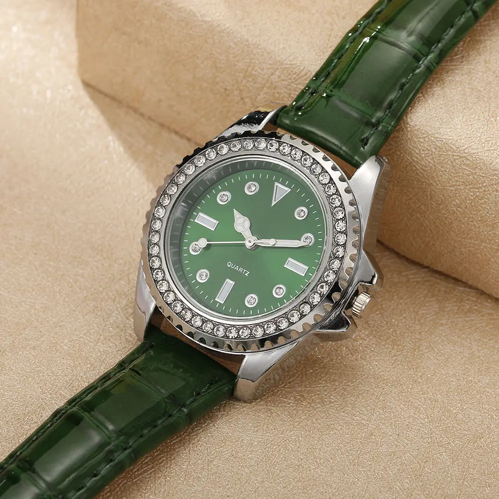 Green Quartz Watch with Diamond-Encrusted Plate for Women — feature 12