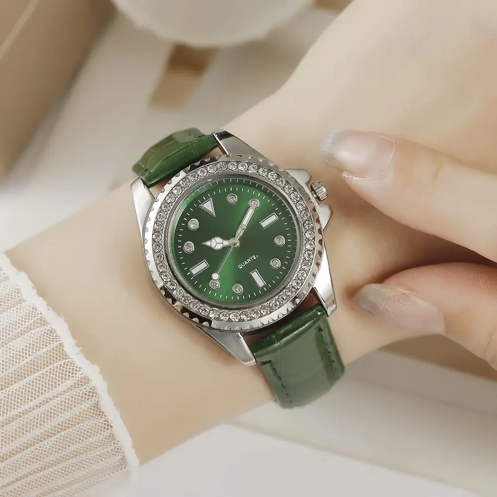 Green Quartz Watch with Diamond-Encrusted Plate for Women — feature 13