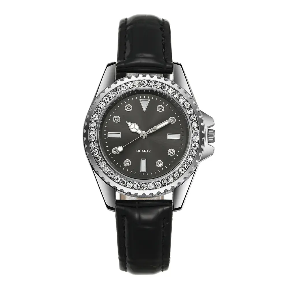 Green Quartz Watch with Diamond-Encrusted Plate for Women