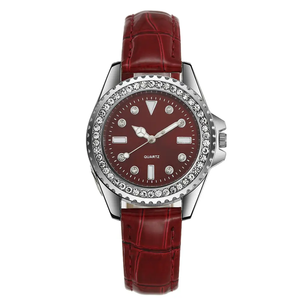 Green Quartz Watch with Diamond-Encrusted Plate for Women