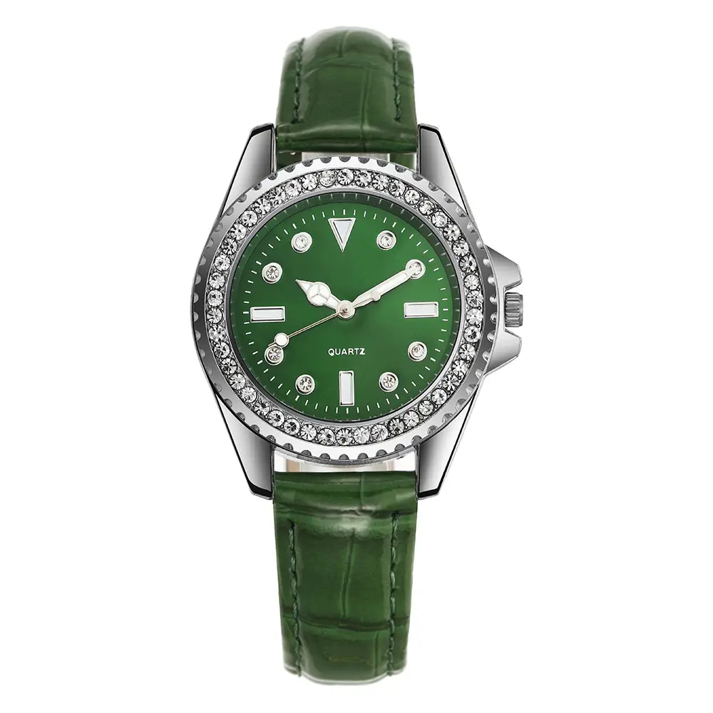 Green Quartz Watch with Diamond-Encrusted Plate for Women