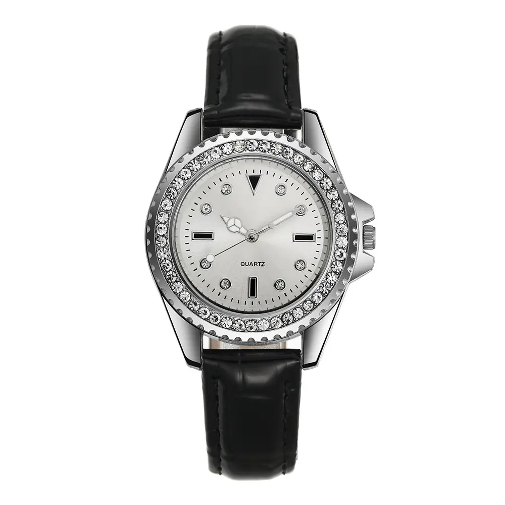 Green Quartz Watch with Diamond-Encrusted Plate for Women