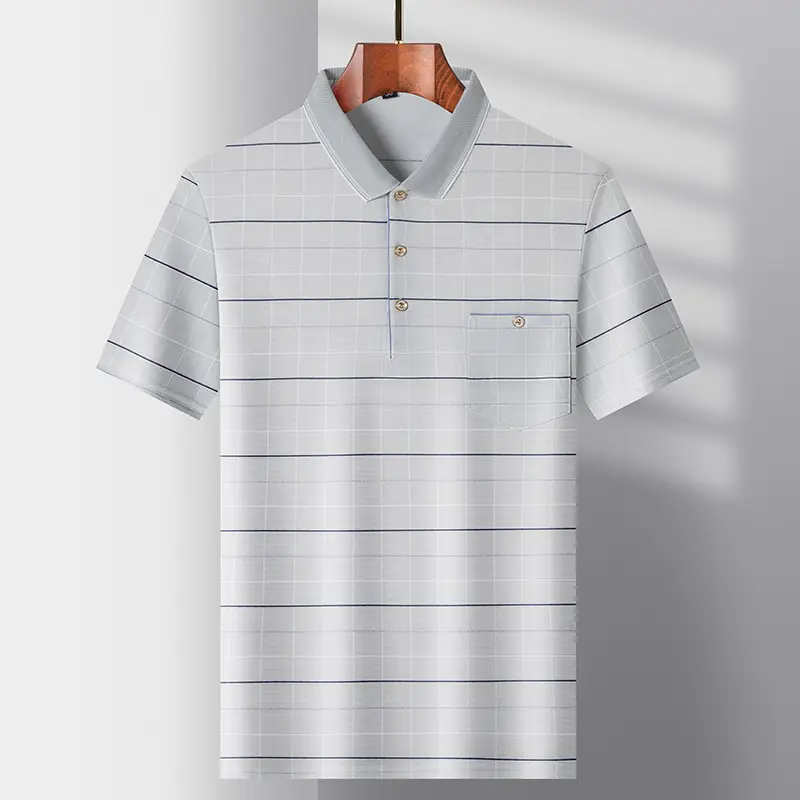 Men's Light Blue Striped Polo T-Shirt Short Sleeve - Image 4