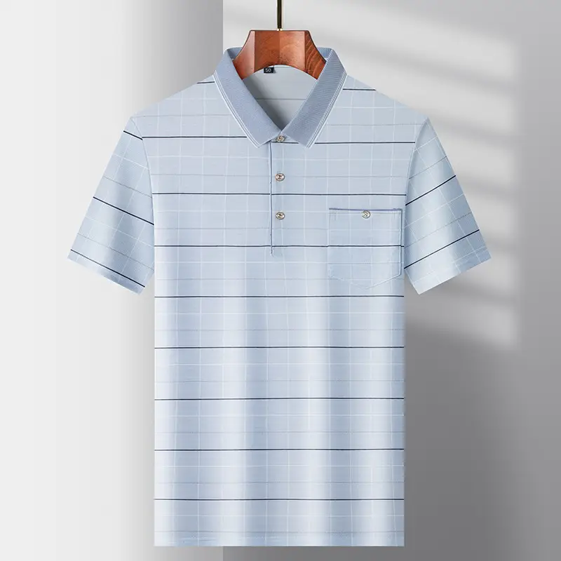 Men's Light Blue Striped Polo T-Shirt Short Sleeve - Image 2