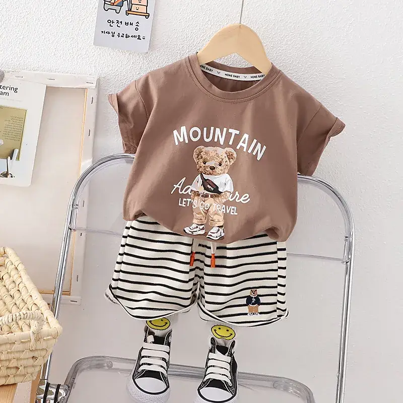 Boys Cartoon Shorts Set Brown Striped 2023 - Image 11
