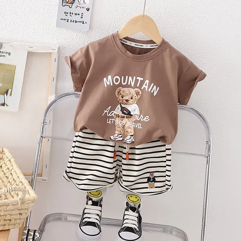 Boys Cartoon Shorts Set Brown Striped 2023 - Image 4