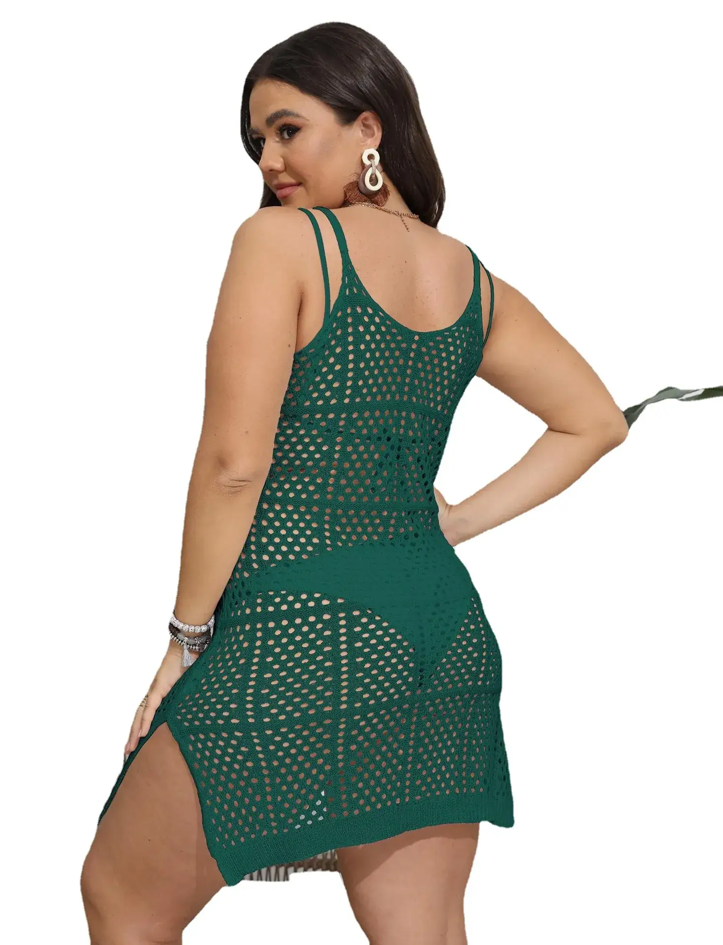 Women's Green Hollow-out Woven Bikini Blouse Sweater Dress Large - Image 9